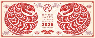 Mutlu Çin Yeni Yılı 2025 Çiçekli, fenerli yılan burcu, renk arkaplanlı kırmızı kağıt kesimi. Çeviri: Yılan 'ın 2025 yılı kutlu olsun. )