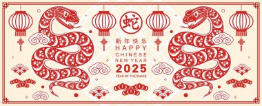 Mutlu Çin Yeni Yılı 2025 Çiçekli, fenerli yılan burcu, renk arkaplanlı kırmızı kağıt kesimi. Çeviri: Yılan 'ın 2025 yılı kutlu olsun. )