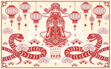 Mutlu Çin Yeni Yılı 2025 Çiçekli, fenerli yılan burcu, renk arkaplanlı kırmızı kağıt kesimi. Çeviri: Yılan 'ın 2025 yılı kutlu olsun. )