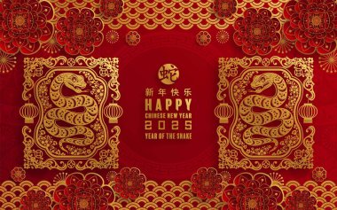 Mutlu Çin Yeni Yılı 2025 çiçek, fener, Asya unsurları yılan logosu kırmızı ve altın rengi arka planda kesilmiş yılan burcu işareti. Çeviri: Yılan 'ın 2025 yılı kutlu olsun. )