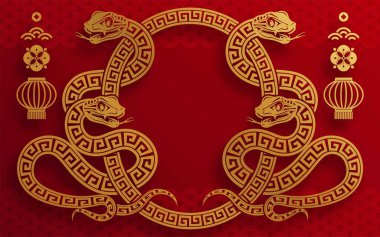Mutlu Çin Yeni Yılı 2025 çiçek, fener, Asya unsurları yılan logosu kırmızı ve altın rengi arka planda kesilmiş yılan burcu işareti. Çeviri: Yılan 'ın 2025 yılı kutlu olsun. )