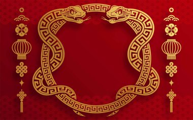 Mutlu Çin Yeni Yılı 2025 çiçek, fener, Asya unsurları yılan logosu kırmızı ve altın rengi arka planda kesilmiş yılan burcu işareti. Çeviri: Yılan 'ın 2025 yılı kutlu olsun. )