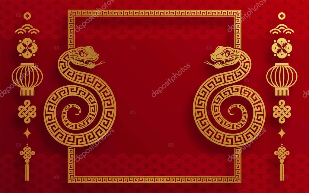 Happy chinese new year 2025 the snake zodiac sign with flower,lantern,asian elements snake logo red and gold paper cut style on color background. ( Translation : happy new year 2025 year of the snake )