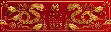 Mutlu Çin Yeni Yılı 2025 çiçek, fener, Asya unsurları yılan logosu kırmızı ve altın rengi arka planda kesilmiş yılan burcu işareti. Çeviri: Yılan 'ın 2025 yılı kutlu olsun. )