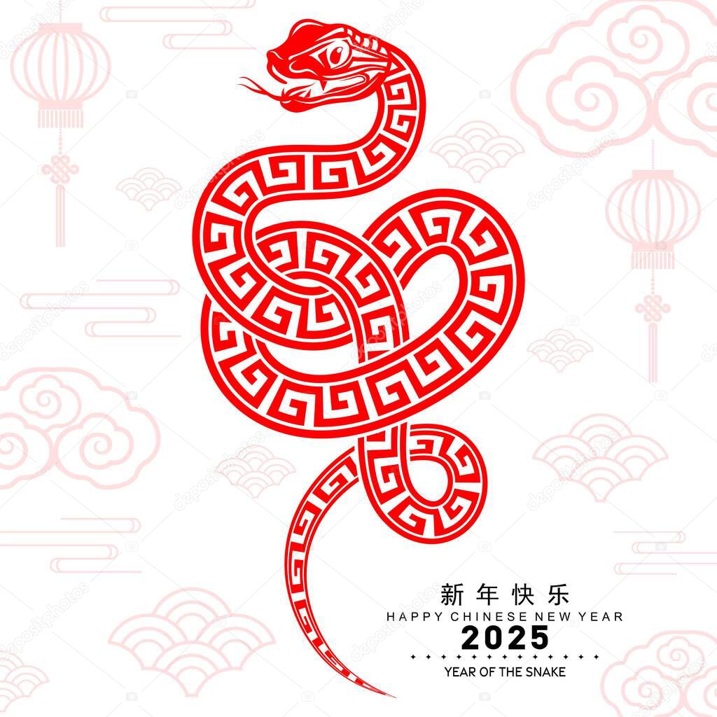 Happy chinese new year 2025 the snake zodiac sign with flower,lantern,asian elements red paper cut style on color background. ( Translation : happy new year 2025 year of the snake )