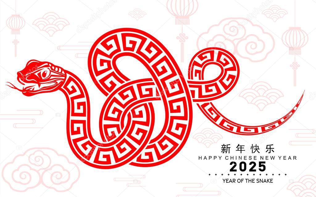 Happy chinese new year 2025 the snake zodiac sign with flower,lantern,asian elements red paper cut style on color background. ( Translation : happy new year 2025 year of the snake )