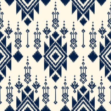 Moda giysileri, tekstil, ambalaj, dekorasyon arka planı için kusursuz, etnik soyut arka plan yuvarlak ikat modelsel eğri vektör tasarımı.