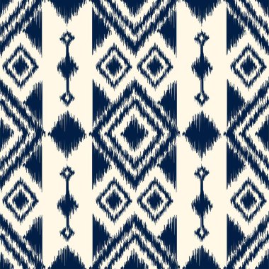 Moda giysileri, tekstil, ambalaj, dekorasyon arka planı için kusursuz, etnik soyut arka plan yuvarlak ikat modelsel eğri vektör tasarımı.