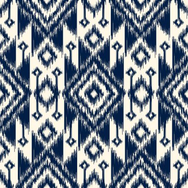 Moda giysileri, tekstil, ambalaj, dekorasyon arka planı için kusursuz, etnik soyut arka plan yuvarlak ikat modelsel eğri vektör tasarımı.