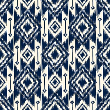 Moda giysileri, tekstil, ambalaj, dekorasyon arka planı için kusursuz, etnik soyut arka plan yuvarlak ikat modelsel eğri vektör tasarımı.