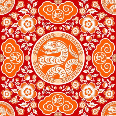 Kusursuz desenli mutlu Çin Yeni Yılı 2025. Yılan burcu tabelası. Üzerinde Asyalı elementlerin kağıt kesimi tarzı var. Çeviri: Yılan 'ın 2024 yılı kutlu olsun. )