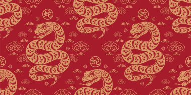 Kusursuz desenli mutlu Çin Yeni Yılı 2025. Yılan burcu tabelası. Üzerinde Asyalı elementlerin kağıt kesimi tarzı var. Çeviri: Yılan 'ın 2024 yılı kutlu olsun. )