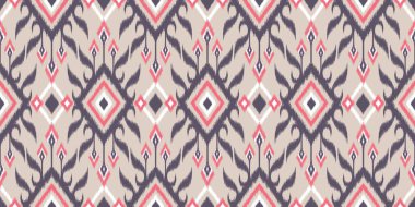 Moda giysileri, tekstil, ambalaj, dekorasyon arka planı için kusursuz, etnik soyut arka plan yuvarlak ikat modelsel eğri vektör tasarımı.