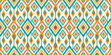 Moda giysileri, tekstil, ambalaj, dekorasyon arka planı için kusursuz, etnik soyut arka plan yuvarlak ikat modelsel eğri vektör tasarımı.