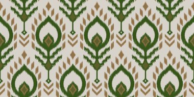 Moda giysileri, tekstil, ambalaj, dekorasyon arka planı için kusursuz, etnik soyut arka plan yuvarlak ikat modelsel eğri vektör tasarımı.