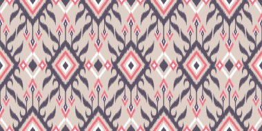 Moda giysileri, tekstil, ambalaj, dekorasyon arka planı için kusursuz, etnik soyut arka plan yuvarlak ikat modelsel eğri vektör tasarımı.