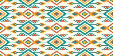 Moda giysileri, tekstil, ambalaj, dekorasyon arka planı için kusursuz, etnik soyut arka plan yuvarlak ikat modelsel eğri vektör tasarımı.