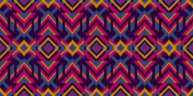 Moda giysileri, tekstil, ambalaj, dekorasyon arka planı için kusursuz, etnik soyut arka plan yuvarlak ikat modelsel eğri vektör tasarımı.