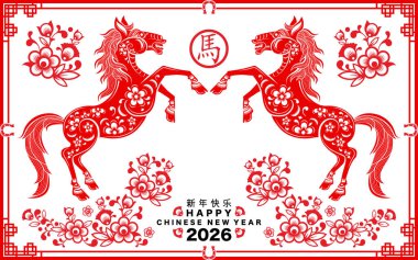 Mutlu Çin Yeni Yılı 2026. At burcu işareti çiçek, fener, Asya unsurları kırmızı kağıt kesim tarzı renk arkaplanı. Çevirisi: Atın 2026 yılı kutlu olsun. )