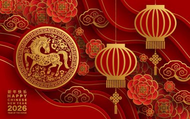 Mutlu Çin Yeni Yılı 2026 Çiçekli, fenerli at burcu, Asyalı elementler kırmızı ve altın renkli kağıt kesimi renk arkaplanı. Çevirisi: Atın 2026 yılı kutlu olsun. )