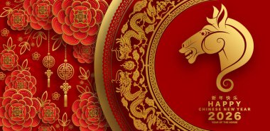 Mutlu Çin Yeni Yılı 2026 Çiçekli, fenerli at burcu, Asyalı elementler kırmızı ve altın renkli kağıt kesimi renk arkaplanı. Çevirisi: Atın 2026 yılı kutlu olsun. ) 
