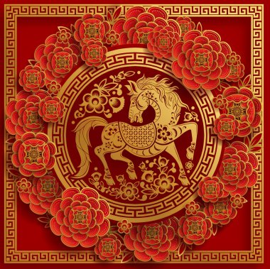 Mutlu Çin Yeni Yılı 2026 Çiçekli, fenerli at burcu, Asyalı elementler kırmızı ve altın renkli kağıt kesimi renk arkaplanı. Çevirisi: Atın 2026 yılı kutlu olsun. )