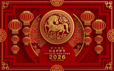 Mutlu Çin Yeni Yılı 2026 Çiçekli, fenerli at burcu, Asyalı elementler kırmızı ve altın renkli kağıt kesimi renk arkaplanı. Çevirisi: Atın 2026 yılı kutlu olsun. )
