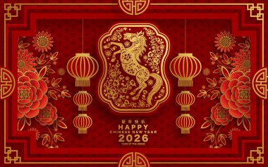 Mutlu Çin Yeni Yılı 2026 Çiçekli, fenerli at burcu, Asyalı elementler kırmızı ve altın renkli kağıt kesimi renk arkaplanı. Çevirisi: Atın 2026 yılı kutlu olsun. )