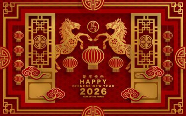 Mutlu Çin Yeni Yılı 2026 Çiçekli, fenerli at burcu, Asyalı elementler kırmızı ve altın renkli kağıt kesimi renk arkaplanı. Çevirisi: Atın 2026 yılı kutlu olsun. )