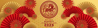 Mutlu Çin Yeni Yılı 2026 Çiçekli, fenerli at burcu, Asyalı elementler kırmızı ve altın renkli kağıt kesimi renk arkaplanı. Çevirisi: Atın 2026 yılı kutlu olsun. )