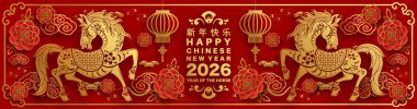 Mutlu Çin Yeni Yılı 2026 Çiçekli, fenerli at burcu, Asyalı elementler kırmızı ve altın renkli kağıt kesimi renk arkaplanı. Çevirisi: Atın 2026 yılı kutlu olsun. )
