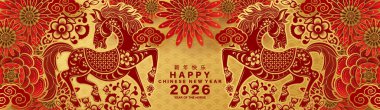 Mutlu Çin Yeni Yılı 2026 Çiçekli, fenerli at burcu, Asyalı elementler kırmızı ve altın renkli kağıt kesimi renk arkaplanı. Çevirisi: Atın 2026 yılı kutlu olsun. )