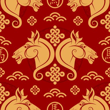 Kusursuz desenli mutlu Çin Yeni Yılı 2026. At zodyak tabelası. Renkli arka planda kağıt kesimi. Çevirisi: Atın 2026 yılı kutlu olsun. )