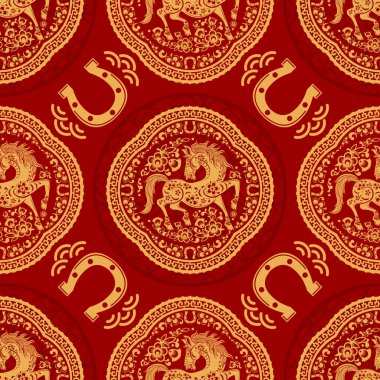 Kusursuz desenli mutlu Çin Yeni Yılı 2026. At zodyak tabelası. Renkli arka planda kağıt kesimi. Çevirisi: Atın 2026 yılı kutlu olsun. )