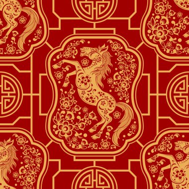 Kusursuz desenli mutlu Çin Yeni Yılı 2026. At zodyak tabelası. Renkli arka planda kağıt kesimi. Çevirisi: Atın 2026 yılı kutlu olsun. )