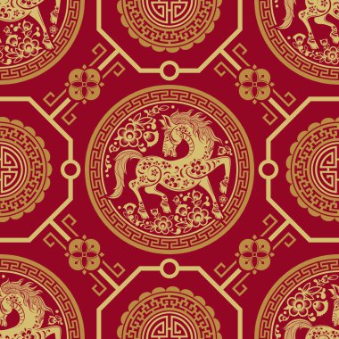 Kusursuz desenli mutlu Çin Yeni Yılı 2026. At zodyak tabelası. Renkli arka planda kağıt kesimi. Çevirisi: Atın 2026 yılı kutlu olsun. )