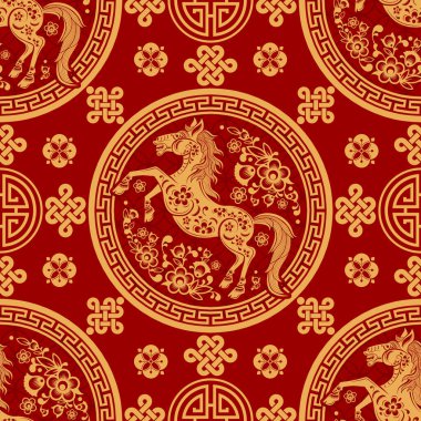 Kusursuz desenli mutlu Çin Yeni Yılı 2026. At zodyak tabelası. Renkli arka planda kağıt kesimi. Çevirisi: Atın 2026 yılı kutlu olsun. )