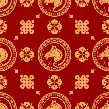 Kusursuz desenli mutlu Çin Yeni Yılı 2026. At zodyak tabelası. Renkli arka planda kağıt kesimi. Çevirisi: Atın 2026 yılı kutlu olsun. )