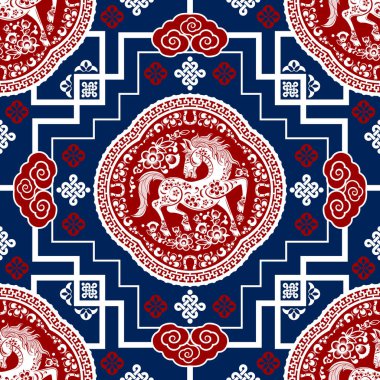 Kusursuz desenli mutlu Çin Yeni Yılı 2026. At zodyak tabelası. Renkli arka planda kağıt kesimi. Çevirisi: Atın 2026 yılı kutlu olsun. )