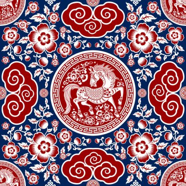 Kusursuz desenli mutlu Çin Yeni Yılı 2026. At zodyak tabelası. Renkli arka planda kağıt kesimi. Çevirisi: Atın 2026 yılı kutlu olsun. )