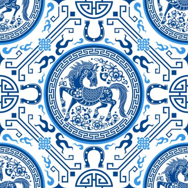 Kusursuz desenli mutlu Çin Yeni Yılı 2026. At zodyak tabelası. Renkli arka planda kağıt kesimi. Çevirisi: Atın 2026 yılı kutlu olsun. )