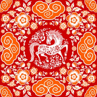 Kusursuz desenli mutlu Çin Yeni Yılı 2026. At zodyak tabelası. Renkli arka planda kağıt kesimi. Çevirisi: Atın 2026 yılı kutlu olsun. )