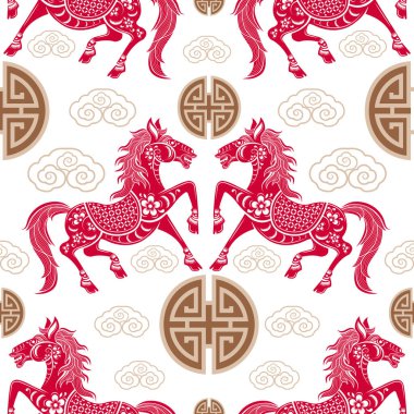 Kusursuz desenli mutlu Çin Yeni Yılı 2026. At zodyak tabelası. Renkli arka planda kağıt kesimi. Çevirisi: Atın 2026 yılı kutlu olsun. )