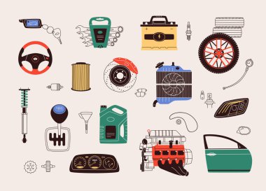 Flat design vector illustration of car parts, spares and accessories. Set includes auto parts such as engine, gearbox, transmission, wheel, battery, brakes, dashboard, filter, tools and radiator. clipart