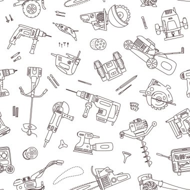 El gücü tamir araçlarının çizgi simgesi biçimi kusursuz vektör deseni. Siyah işçi ekipmanları ve aksesuarları.