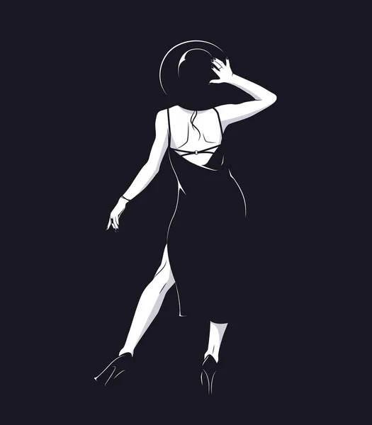 Silhouette Style Noir Femme Beauté Posant Talons Hauts Grand Chapeau — Image vectorielle