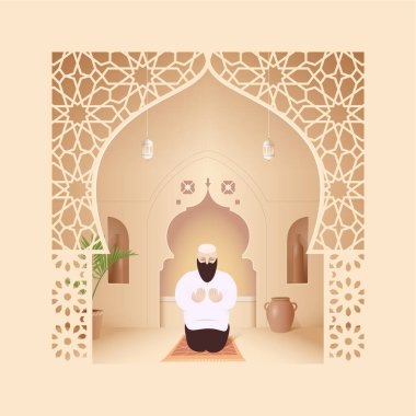 Bir Müslüman camide namaz kılıyor ya da selam veriyor. İslam dini Arap stili vektör çizimi.
