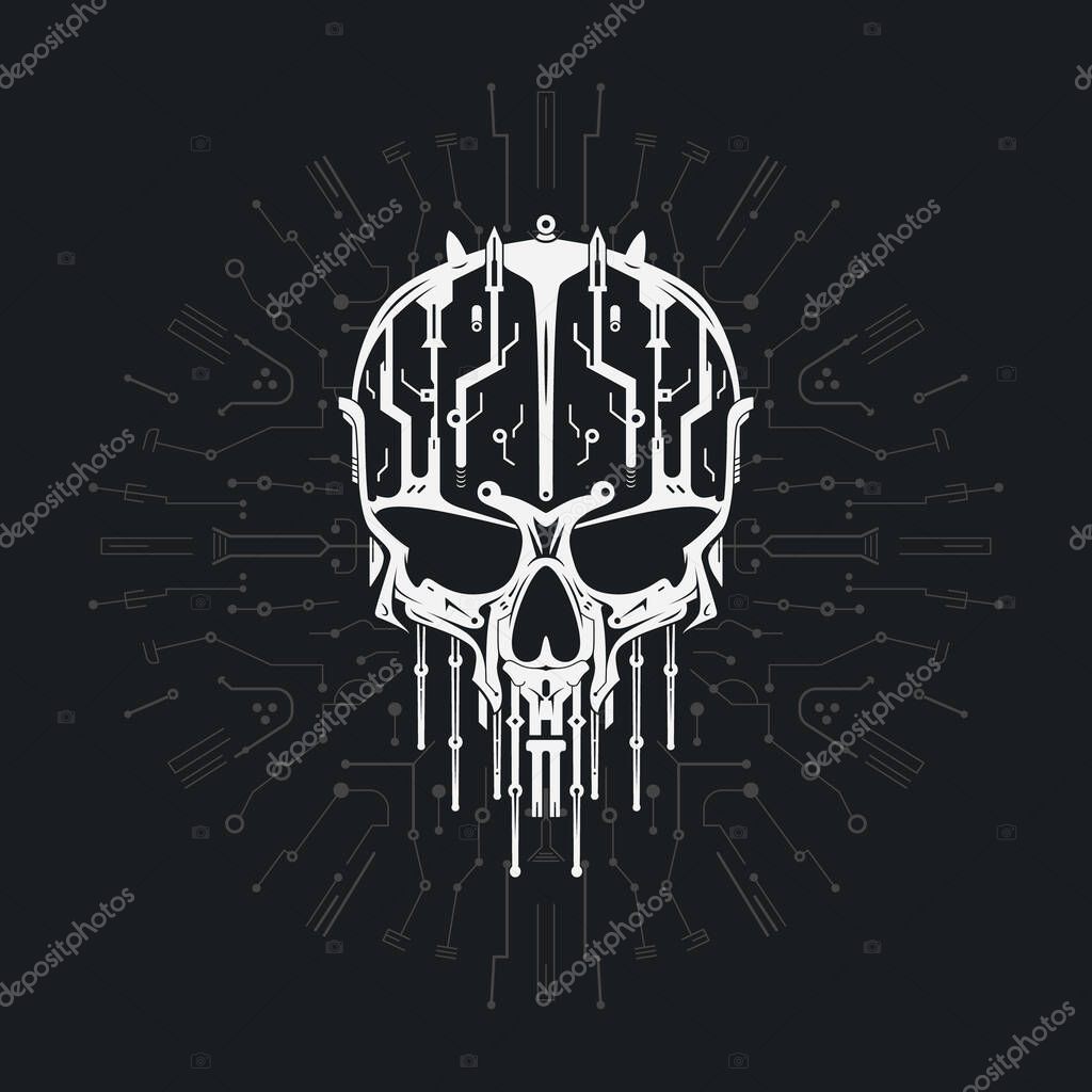Cyber robot skull. Dark fantasy sci-fi style skeleton head.