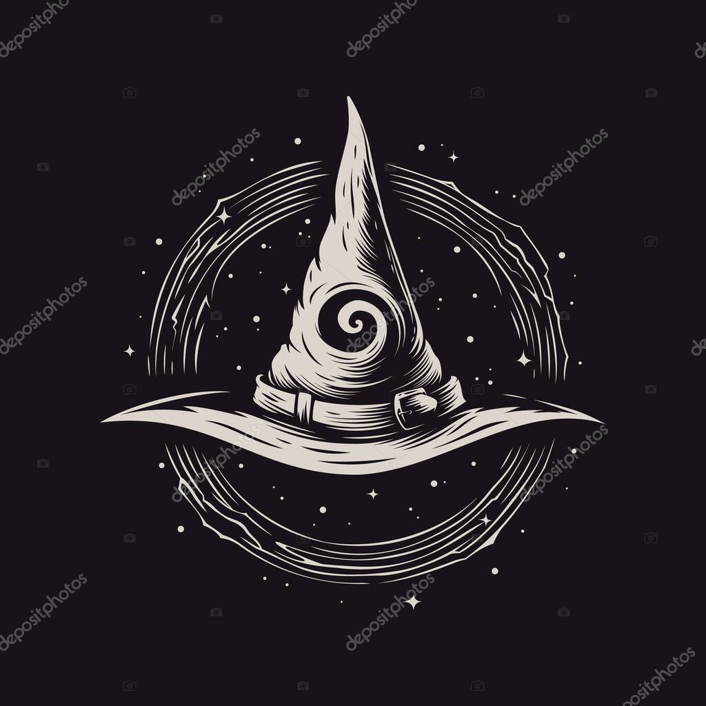 Hand drawn big wizard hat with magic effect and spiral emblem.