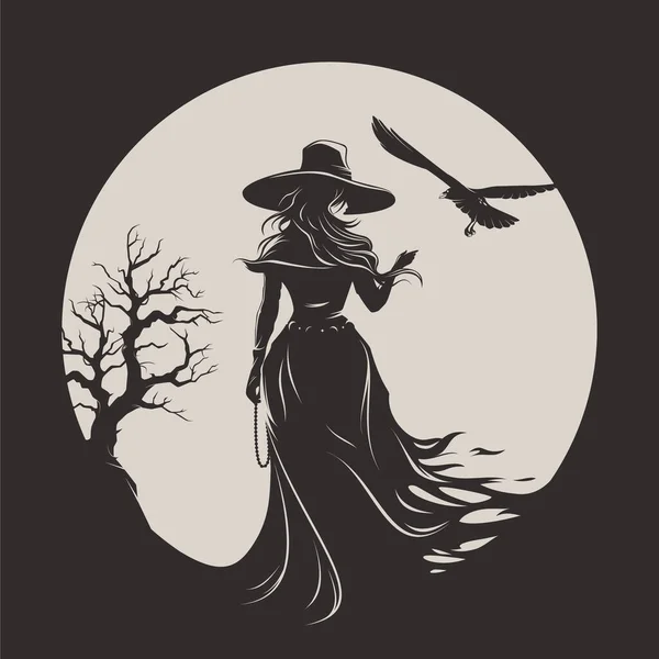 黒いドレスと月と木の背景に雨が降った大きな魔法の帽子で魔女の女性のバックビュー — ストックベクタ